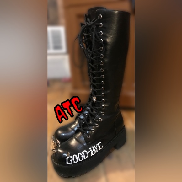 Hand painted Ouija Vintage Knee High Combat Boots - Picture 1 of 10